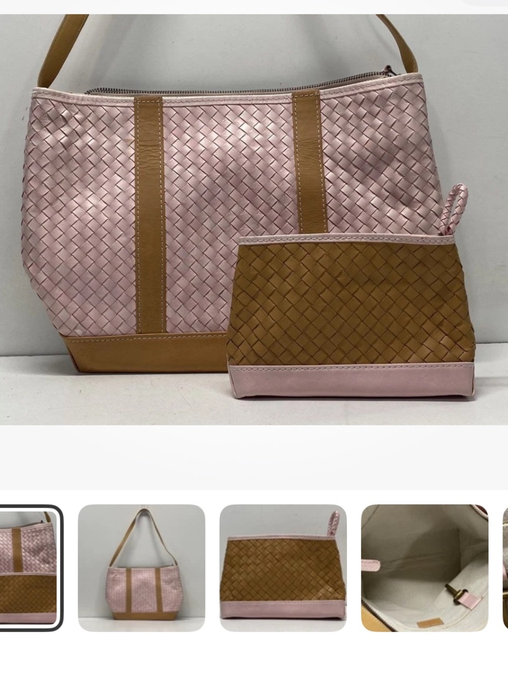 Lance New York woven Leather Pink Shoulder Bag with Tan Trim  and cosmetic bag !